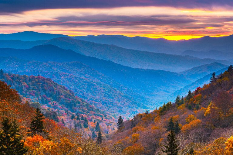 Smoky Mountains National Park, Tennessee, USA autumn landscape at dawn.